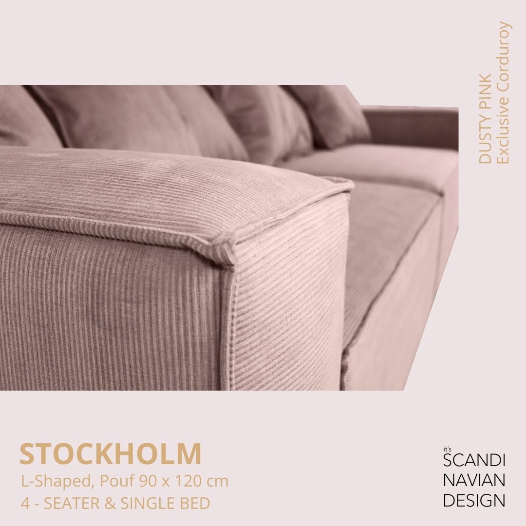 STOCKHOLM L - Shaped sofa/single bed Exclusive Corduroy Dusty Pink removable & washable cover - Scandinavian Stories by Marton
