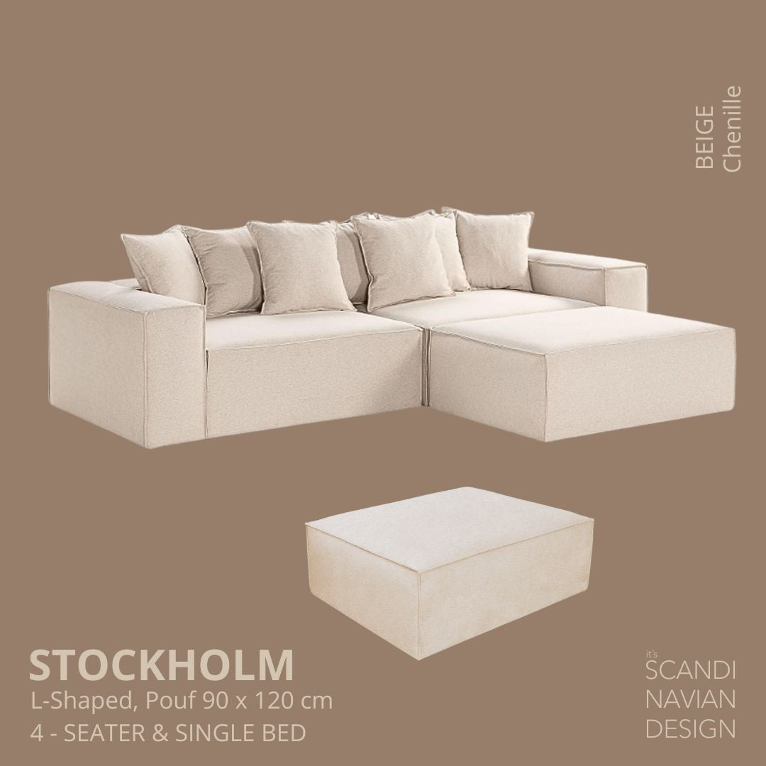 STOCKHOLM L Shaped sofa single bed Chenille Beige removable washabl Scandinavian Stories by Marton